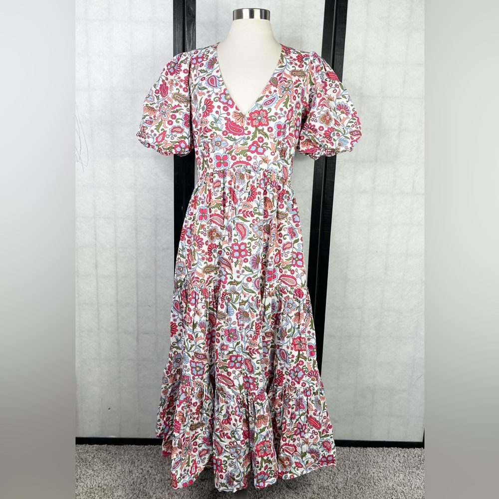 Boden puff sleeve Tiered Multicolor midi dress 8 - Picture 3 of 10